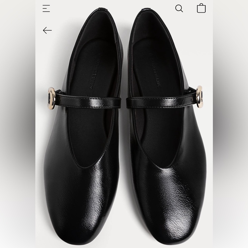 Stradivarius Black Leather Ballet Flats with Buckle